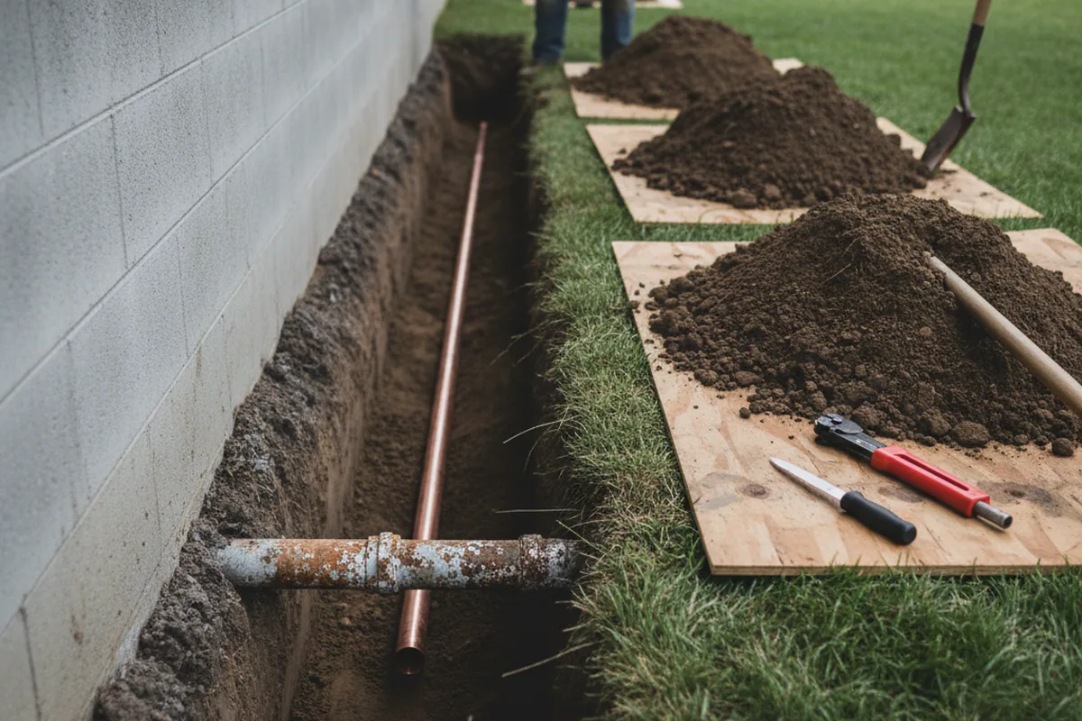 Excavated water line trench during Water Heater Repair in Talmo